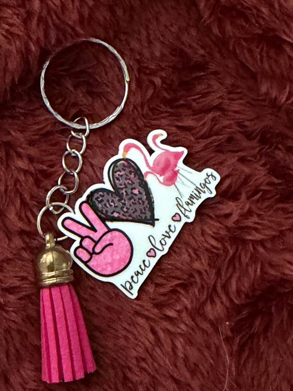 Pink Peace Love Flamingos Tassel Keychain